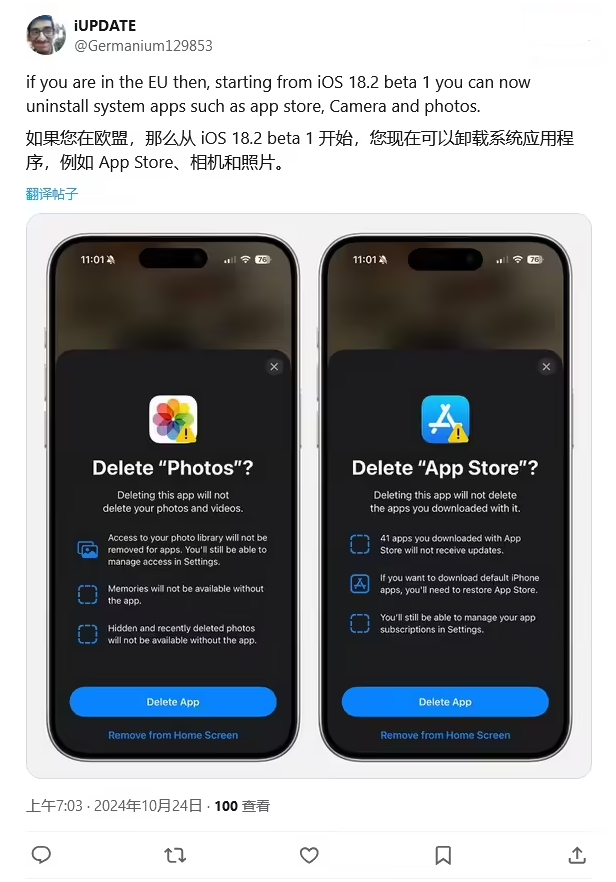 松滋苹果手机维修分享iOS 18.2 支持删除 App Store 应用商店 